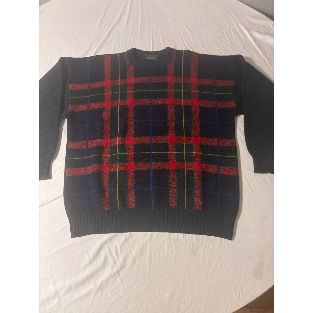 Scott Officer Plaid Wool Sweater Mens XL Navy Red Made in Scotland Excellent